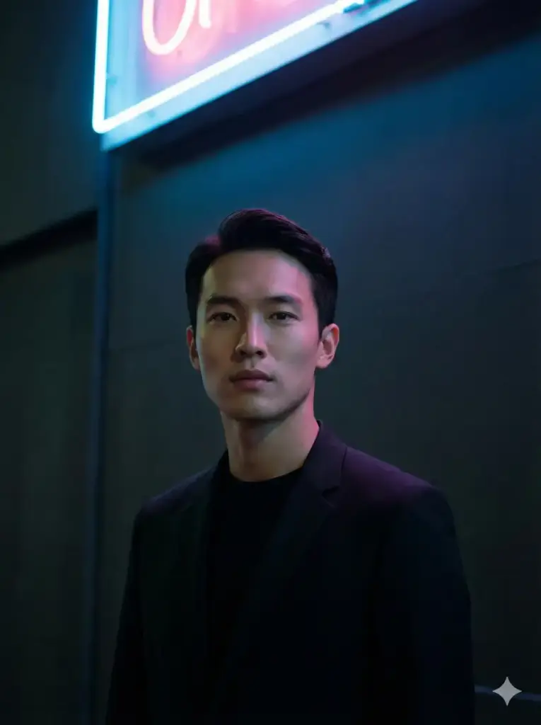 Create a minimalist stylish night portrait of a man standing under a neon sign casting soft colored light onto his face. He wears a simple fitted outfit with sharp lines and no visible logos. The neon glow adds color contrast while the rest of the scene remains dark and uncluttered. Focus on modern aesthetics, smooth skin texture, and a composed editorial mood. Use aspect ratio 3:4.