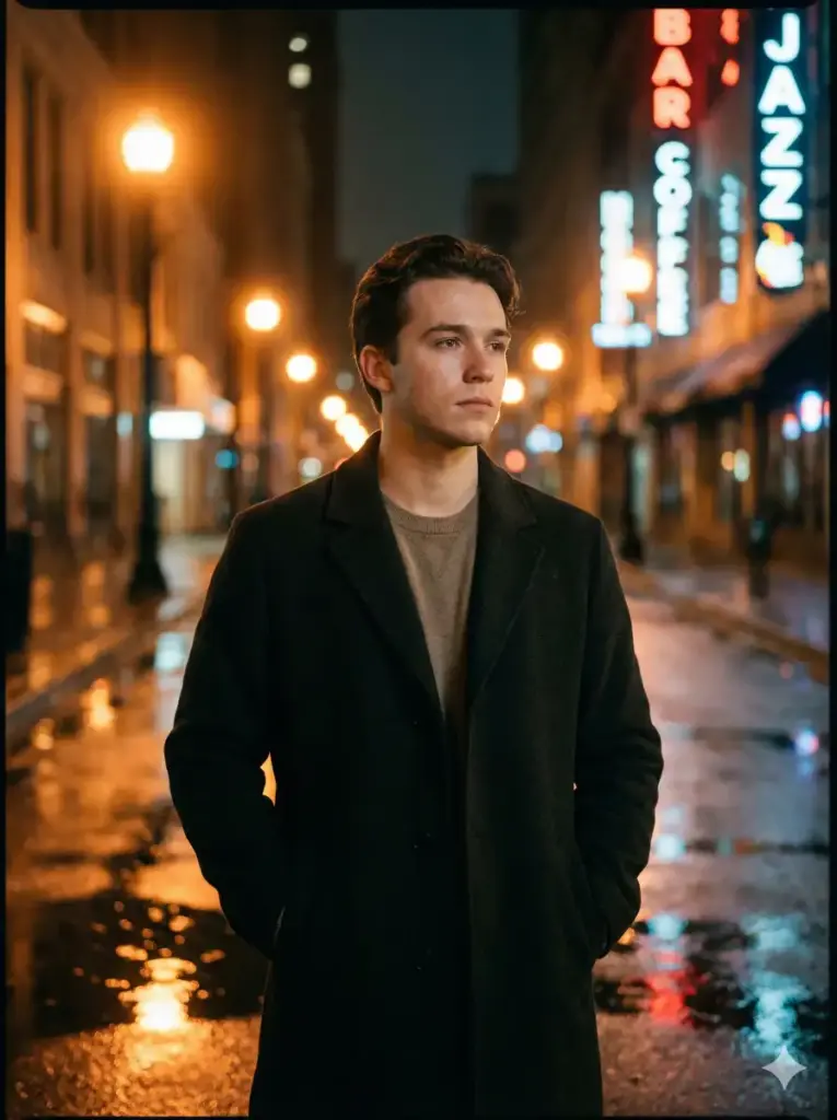 Create a cinematic night portrait of a young man standing alone on a quiet city street illuminated by warm orange streetlights. He wears a dark coat layered over a neutral sweater, hands relaxed in his pockets. Soft rain has just fallen, creating reflective puddles on the asphalt that mirror the glowing lights above. Neon signs blur gently in the background with shallow depth of field. The lighting softly highlights his face while keeping the surroundings moody and atmospheric. Capture realistic skin texture, subtle facial expression, and natural posture. The mood should feel calm, introspective, and cinematic. Use aspect ratio 3:4.
