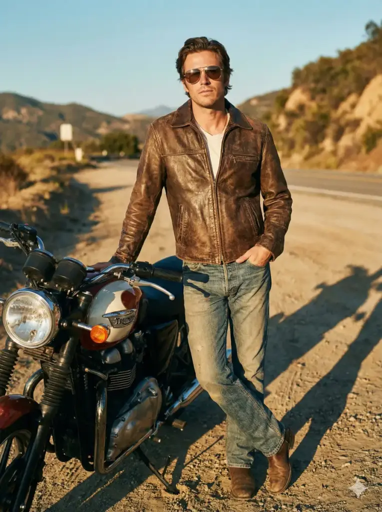 Create a stylish vintage portrait of a man wearing a leather jacket, faded denim pants and aviator sunglasses. He should pose with one hand resting on a retro motorcycle and the other tucked in his pocket. Use warm late afternoon lighting that creates long shadows on the ground. Apply a slightly saturated 1970s color tone. Set the background in an open roadside area with dusty terrain and hills far behind. Use aspect ratio 3:4.