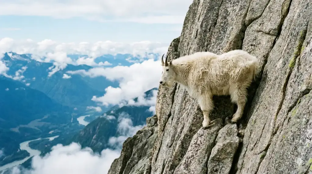 Create a dramatic wildlife photograph of a mountain goat standing on a steep rocky cliff, thick white fur textured against rugged stone, confident posture, vast mountain landscape below, cool crisp daylight, sharp clarity, natural adventure wildlife photography style. Use aspect ratio 16:9.