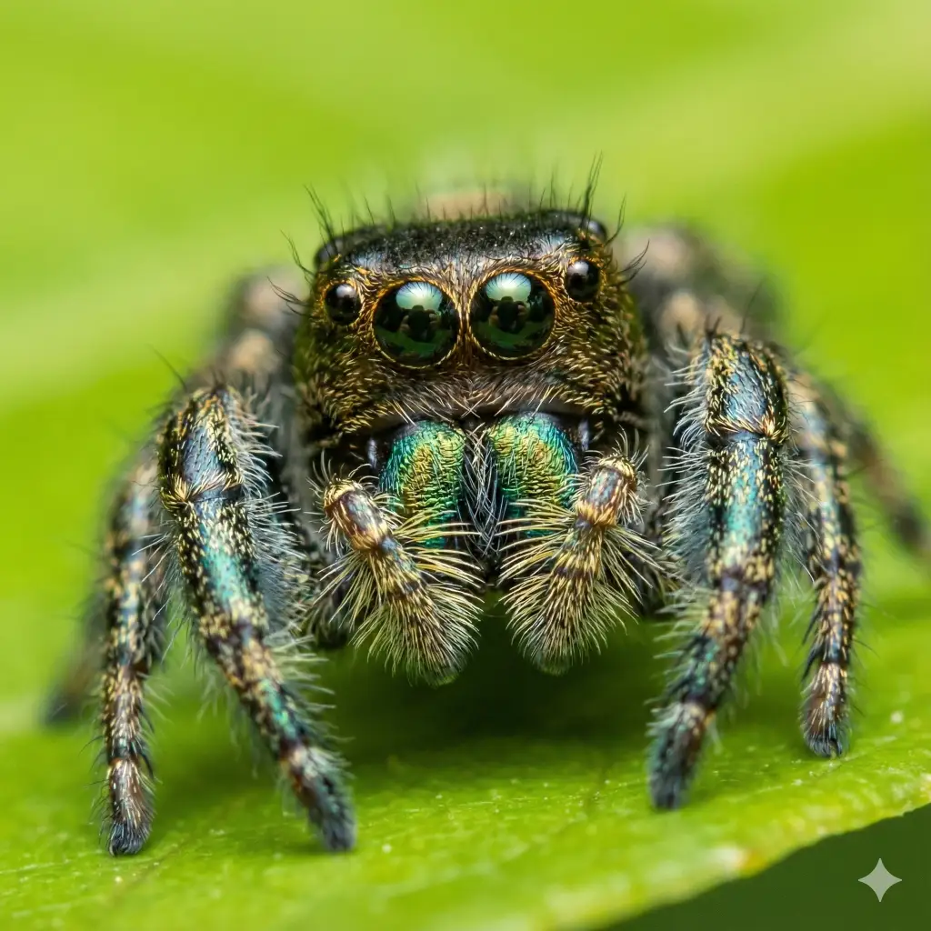 Create a macro close up of a cute jumping spider facing the camera. Focus on the large, glassy reflection in its front eyes and the iridescent fuzz on its pedipalps. The background should be a creamy, vibrant green bokeh of a leaf, making the spider look tiny but detailed. Aspect Ratio 1:1.