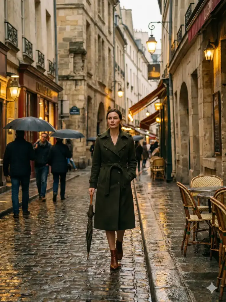 Create a cinematic outdoor photo of a woman walking through a narrow European street just after rainfall. She is wearing a long coat and ankle boots, holding an umbrella at her side while maintaining an upright and composed posture. The background includes wet cobblestone streets, old buildings, and reflections of warm lights that enhance the cinematic mood. Use aspect ratio 3:4.