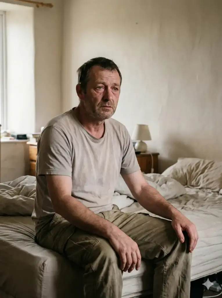 Create a hyper realistic photo of a man seated at the edge of a bed in a modest bedroom, shoulders slightly slouched, hands resting loosely on his thighs. He is wearing a simple T-shirt and casual trousers with natural wrinkles and fabric wear. Soft indoor lighting creates gentle shadows on his face, revealing realistic skin texture, subtle redness, and tired eyes. The background shows everyday details like unmade sheets, a bedside lamp, and textured walls, with mild grain and natural color balance similar to a real indoor photograph. Use aspect ratio 3:4.