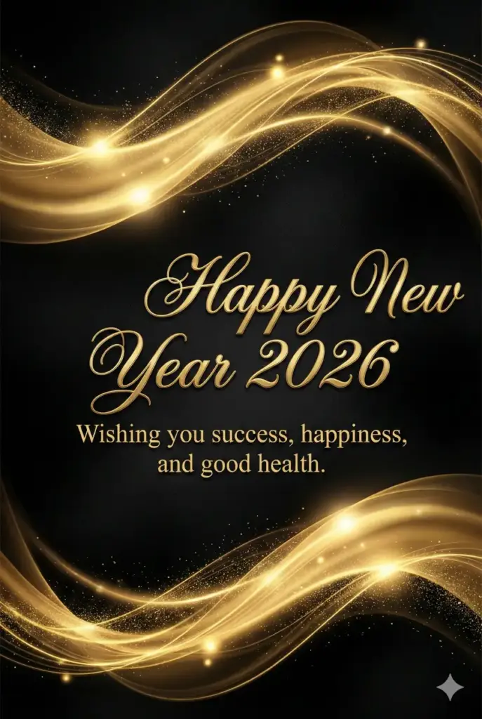 Create a classy black-and-gold digital New Year greeting card design featuring abstract golden waves flowing across a deep black background. Use soft glowing highlights and a refined luxury aesthetic. Add elegant text reading "Happy New Year 2026" with a short wish below saying "Wishing you success, happiness, and good health." Use aspect ratio 2:3.