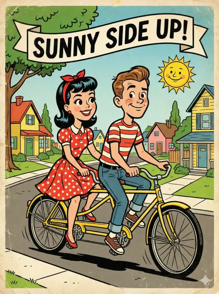 Create a cute retro cartoon illustration of a couple riding a tandem bicycle. The girl sits in front with a cheerful expression, wearing a polka dot dress and a red ribbon in her hair. The boy pedals from the back seat with a playful grin, wearing a striped tee and rolled jeans. Add bold outlines, simple color blocks and a sunny neighborhood street filled with vintage houses. Use aspect ratio 3:4.