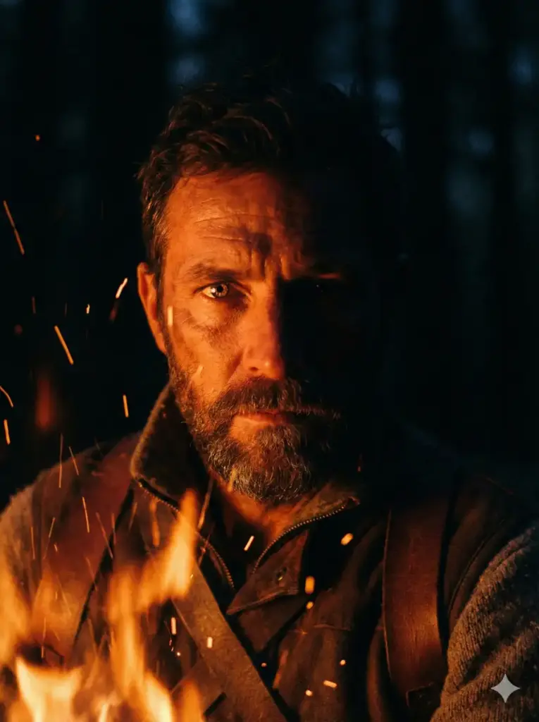 Create a low-light portrait of a rugged explorer sitting near a campfire at night. The orange glow of the fire creates a strong chiaroscuro effect, illuminating only half of the face while the rest fades into the darkness of the forest. Sparks from the fire float in the foreground. The subject's eyes reflect the dancing flames, conveying a primal connection to nature. Use aspect ratio 3:4.