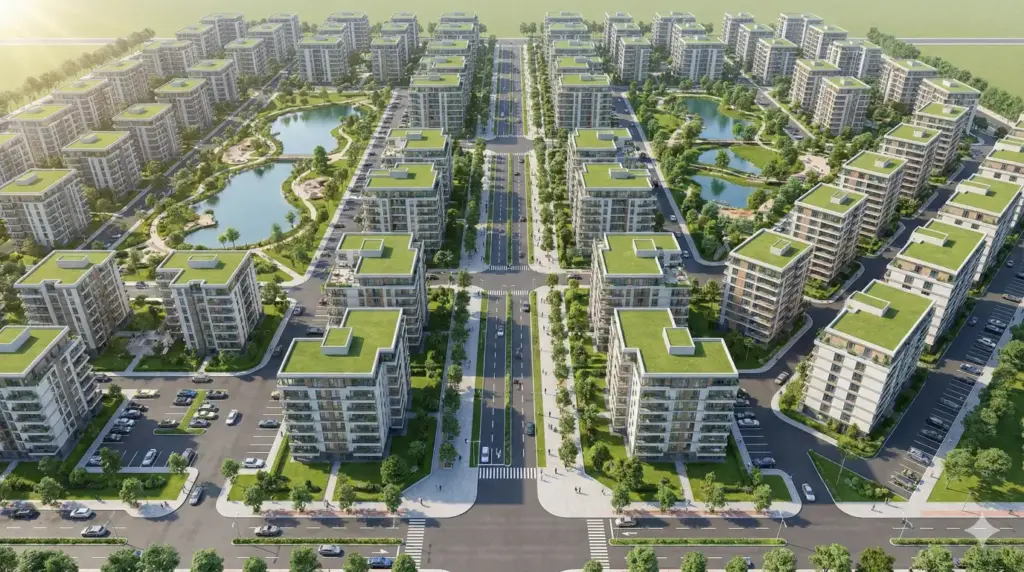 Create a detailed 3D aerial master plan visualization of a modern residential township with apartment blocks, internal roads, green parks, parking areas, and pedestrian pathways. Clean layout with realistic scale. Use aspect ratio 16:9.