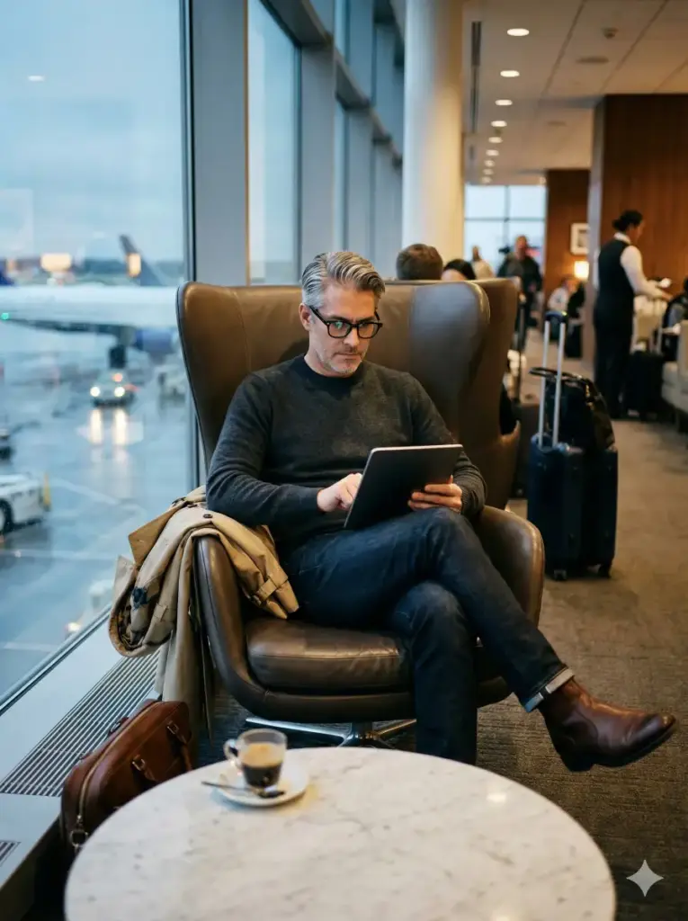 Create a cosmopolitan business portrait of a traveling executive in a luxury airport lounge. The subject is seated in a high-back leather wing chair, working on a sleek tablet. They are wearing a "business travel" outfit: a cashmere sweater, dark denim, and a high-end trench coat draped over the chair arm. A blurred espresso cup sits on the table. Through the large window in the background, you can see the out-of-focus wing of a plane and a runway at dusk. The vibe is busy but controlled. Aspect ratio 3:4.
