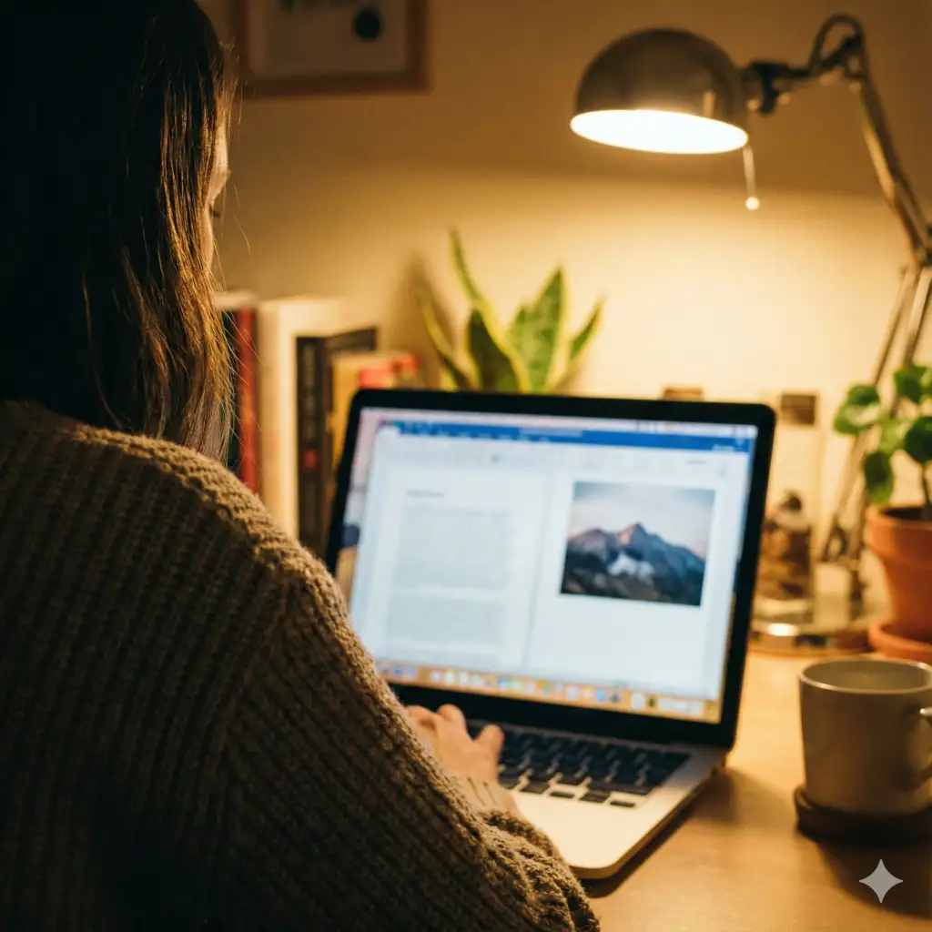 Create an over the shoulder shot of a person looking at a laptop screen, shoulder and back partially visible in the foreground, screen softly in focus, warm indoor lighting, realistic perspective. Use aspect ratio 1:1.