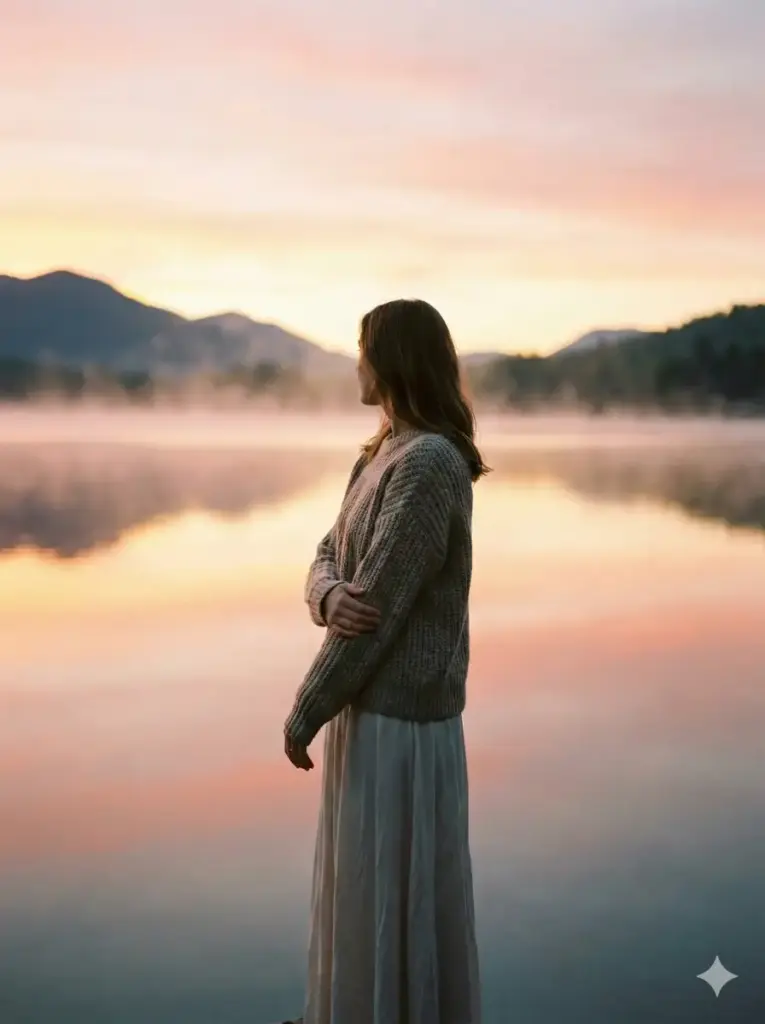 Create a cinematic outdoor photo of a woman standing near a calm lake during sunrise. She is wearing a wool sweater layered over a long skirt, with her arms gently folded and her posture relaxed as she gazes at the water. The background features still reflections, light fog above the lake, and warm pastel colors spreading across the sky. Use aspect ratio 3:4.