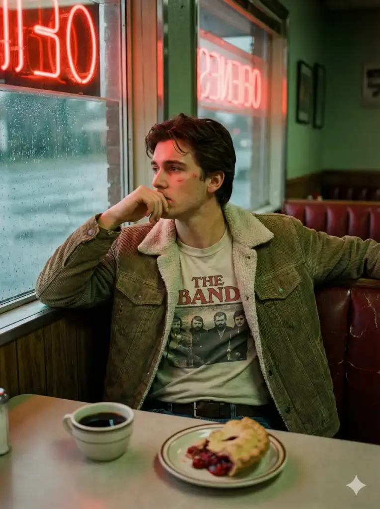 Create a moody, emotional portrait of a young man sitting in a vintage 1970s diner booth. He is wearing a corduroy jacket with a shearling collar and a vintage band t-shirt. He is looking out the rainy window, resting his chin on his hand. A cup of black coffee and a half-eaten slice of pie sit on the table. The lighting is cinematic neon—the red glow of the diner sign reflects on his face and the wet window glass. The color palette involves muted greens and deep reds. Shot on 35mm film with visible grain. Use aspect ratio 3:4.