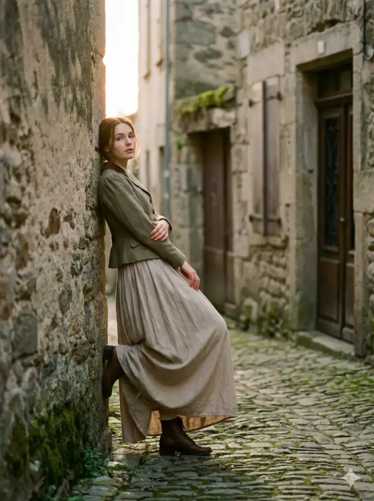 Create a cinematic outdoor photo of a young woman leaning against a stone wall in a historic alleyway. She is wearing a long flowing skirt and a fitted jacket, with one foot resting against the wall and her arms crossed loosely. The background includes aged stone textures, soft side lighting, and a shallow depth of field that enhances the cinematic atmosphere. Use aspect ratio 3:4.