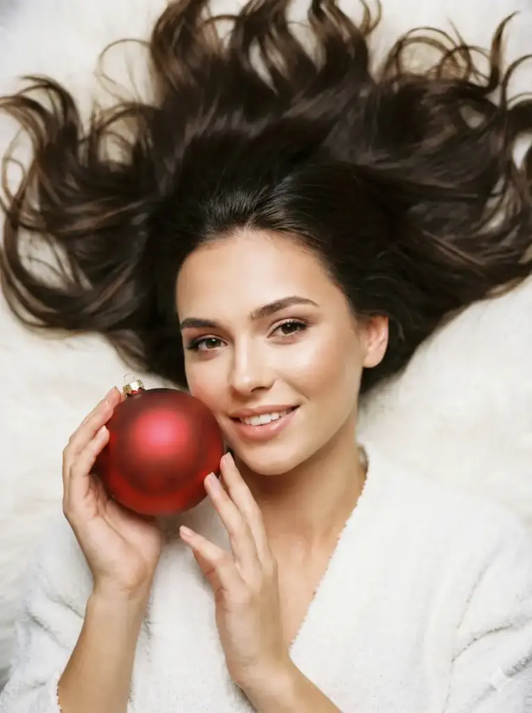 Create a refined Christmas beauty portrait shot from above, featuring a young woman lying gracefully on a soft white fur or plush fabric surface. Her long, dark brown hair fans out smoothly around her head, creating a natural halo effect. She holds a large matte red Christmas ornament delicately with both hands near her face, fingers relaxed and elegant. Her expression is serene and warm, with direct eye contact, subtle confidence, and a gentle holiday glow. Her makeup is polished and natural. Her outfit is a white, soft-textured garment with a clean neckline, enhancing the bright, cozy holiday mood. Use aspect ratio 3:4.