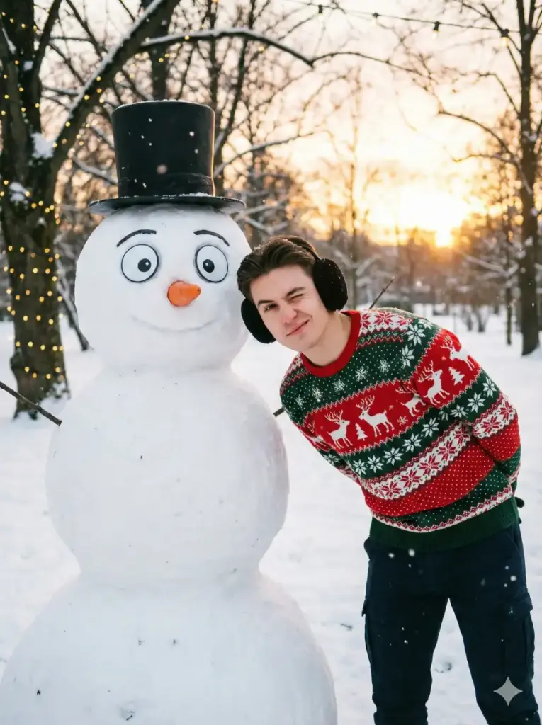 Create a cheerful winter Christmas portrait set outdoors in a snowy park at dusk. A young man leans playfully toward a friendly snowman character, winking at the camera with a mischievous smile. He wears a cozy Nordic-style Christmas sweater with red, green, white, and reindeer patterns, dark winter pants, and black earmuffs. His posture is relaxed and friendly, conveying joy and holiday fun. Beside him stands a large snowman with a rounded white body, expressive wide eyes, and a bright orange carrot nose. Use aspect ratio 3:4.