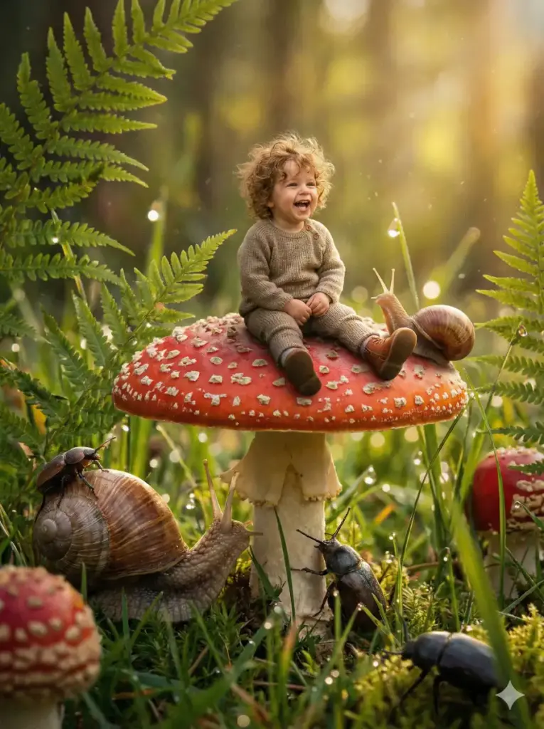 Create a whimsical photo of a small child with curly hair sitting atop a giant, red-and-white spotted mushroom. The surrounding perspective makes the child look thumb-sized, surrounded by oversized ferns, tall grass, and giant dew drops. Use 3:4 aspect ratio.