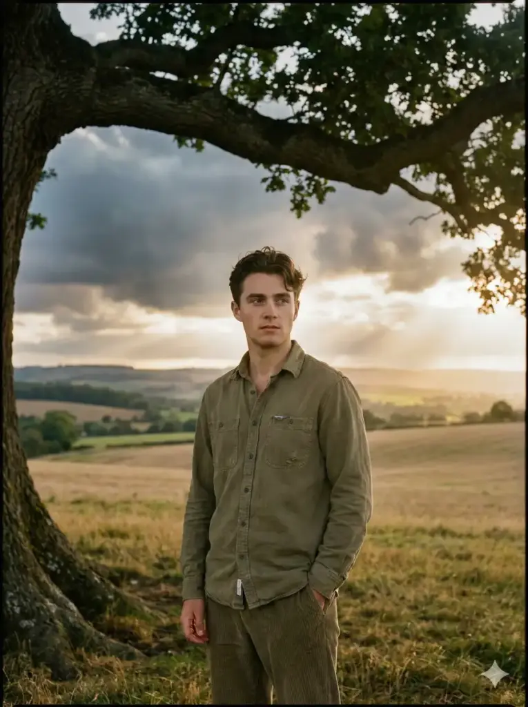 Create a cinematic outdoor portrait of a young man standing under a large tree in an open countryside field. He is wearing a casual button-up shirt with rolled sleeves and fitted trousers, with one hand in his pocket and a relaxed stance. The background shows wide open land, dramatic clouds, and soft sunlight breaking through, creating a timeless cinematic feel. Use aspect ratio 3:4.