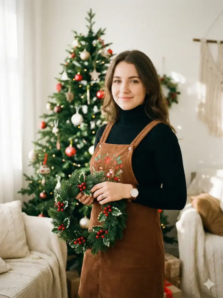 Create a cozy Christmas portrait of a young woman standing indoors beside a decorated Christmas tree, holding a small green holiday wreath with red berries and holly leaves at waist level. She faces the camera with a gentle, welcoming smile and relaxed posture. She wears a fitted black long-sleeve turtleneck layered under a brown pinafore-style dress with thin straps and subtle festive embroidery near the chest. A simple wristwatch and delicate ring add understated elegance. Use aspect ratio 3:4.