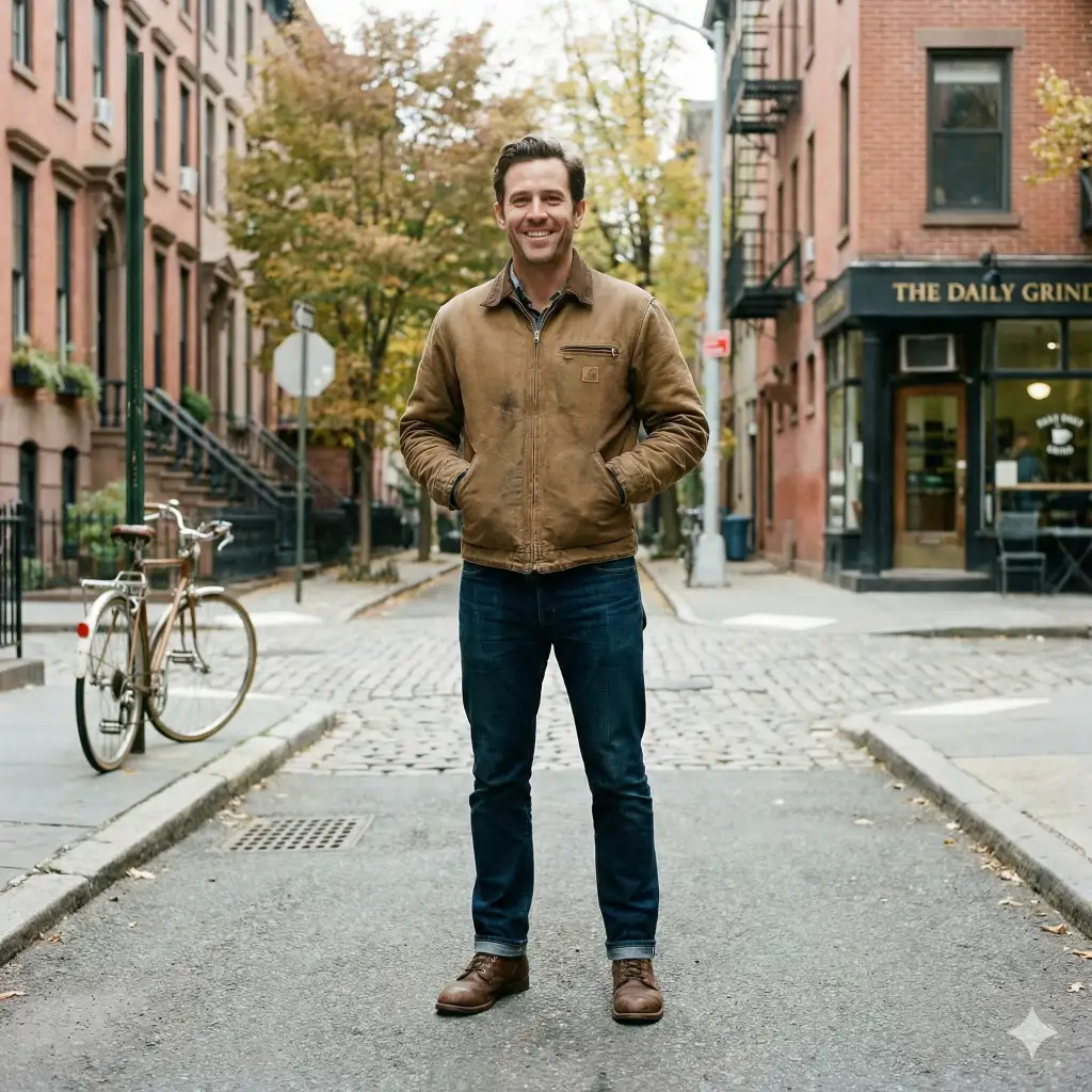 Create a full body shot of a confident man standing on a quiet urban street, wearing a casual jacket and jeans, natural posture, soft daylight, realistic proportions, sharp focus, detailed environment visible from head to toe. Use aspect ratio 1:1.