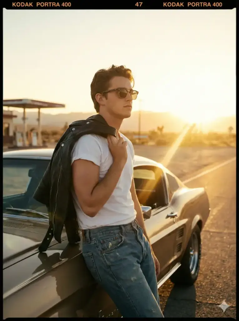 Create a stylish, vintage-inspired portrait of a young man leaning against a classic 1960s muscle car at sunset. He is wearing a white t-shirt with rolled sleeves, blue jeans, and a black leather biker jacket slung over one shoulder. He is wearing wayfarer sunglasses and looking towards the horizon. The background is a blurred desert highway with the sun creating a massive lens flare (golden hour). The color grading should be warm, nostalgic, and slightly desaturated like Kodak Portra 400 film. Use aspect ratio 3:4.