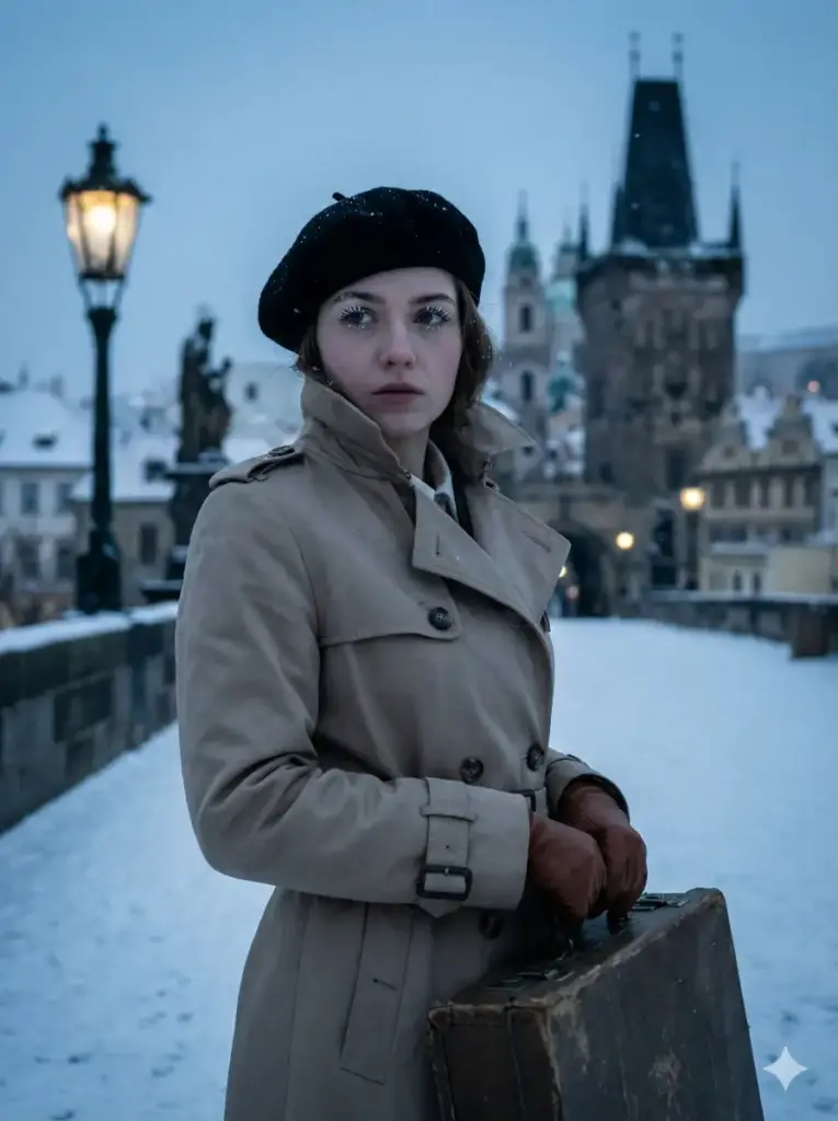 Create a sharp, icy portrait of a young woman standing on a bridge in a snowy European city at twilight. She is wearing a tailored beige trench coat with the collar turned up and a black beret. She has leather gloves and is holding a briefcase tightly. Snowflakes are caught in her eyelashes. The background features blurred street lamps and gothic architecture. The lighting is cold and desaturated, with a "steely blue" color grade. The atmosphere is tense and mysterious. Use aspect ratio 3:4.