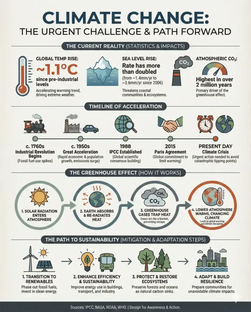 Create a mixed-style infographic about climate change that combines statistics, icons, a small timeline, and process steps in one cohesive design. Use a professional editorial look with consistent colors and typography. Use aspect ratio 4:5.