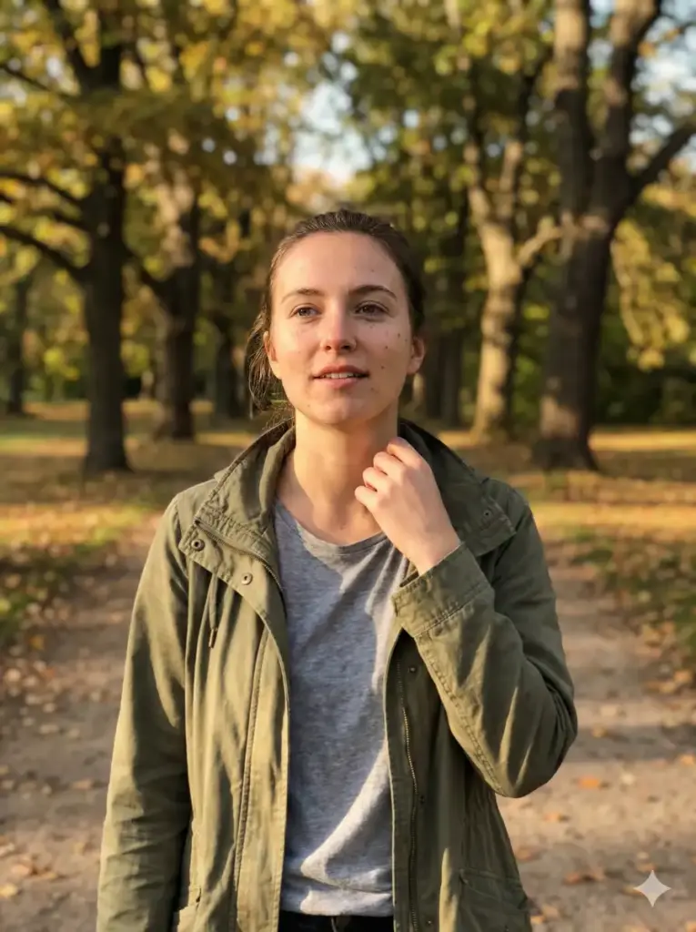 Create a hyper realistic photo of a young woman walking through a park path, mid-step, with one hand adjusting her jacket collar. She is wearing a lightweight jacket over a plain top, with natural folds and fabric tension visible. Her expression is neutral and relaxed, with realistic eye reflections and subtle skin imperfections. Late afternoon light filters through trees, creating natural highlights and soft shadows on her face and clothing. The background includes slightly out-of-focus trees, fallen leaves, and uneven ground texture, resembling a candid smartphone photo taken in portrait mode. Use aspect ratio 3:4.