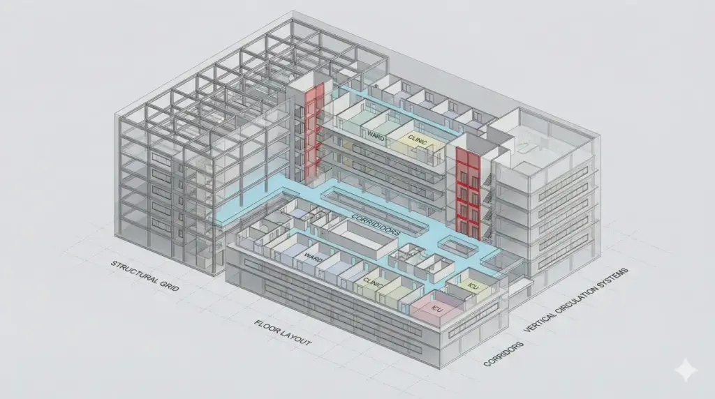 Create a technical BIM 3D model of a hospital building highlighting structural grid, floor layouts, corridors, and vertical circulation systems. Neutral tones, uniform lighting, and high clarity for educational use. Use aspect ratio 16:9.
