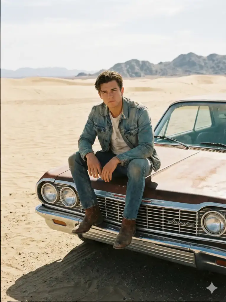 Create a cinematic outdoor portrait of a young man sitting on the hood of an old car in an open desert landscape. He is wearing a faded denim jacket, a plain white shirt, and boots, leaning slightly forward with elbows resting on his knees. The background shows endless sand, distant mountains, and harsh sunlight creating strong contrast and cinematic depth. Use aspect ratio 3:4.