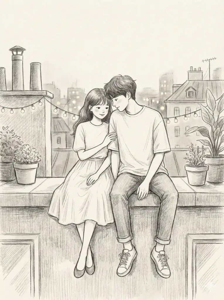 Create a cute pencil sketch illustration of a couple sitting on a rooftop ledge with their feet dangling. The girl lightly rests her hand on the boy's arm while he leans a little toward her. She wears a simple top and flowy skirt. He wears a loose tee and jeans. Add soft shading and hand drawn textures with a hazy city view behind them. Use aspect ratio 3:4.