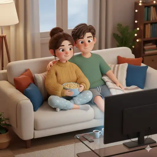 Create a cute 3D cartoon illustration of a couple relaxing on a plush sofa while watching a movie. The girl sits cross legged wearing a comfy sweater and soft pajama pants. The boy leans slightly toward her wearing a loose tee and relaxed shorts. Add warm ambient lighting, a glowing TV screen reflection and cozy pillows around them. Use aspect ratio 3:4.