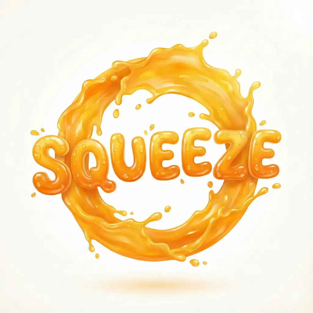 Create a fresh, vibrant logo for a smoothie bar. The icon is a splash of orange juice forming a circle. The text "SQUEEZE" should be integrated into the splash. The text itself needs to look liquid and 3D, as if the letters are made of orange juice droplets catching the light. The font should be round and bubbly. Aspect ratio 1:1.