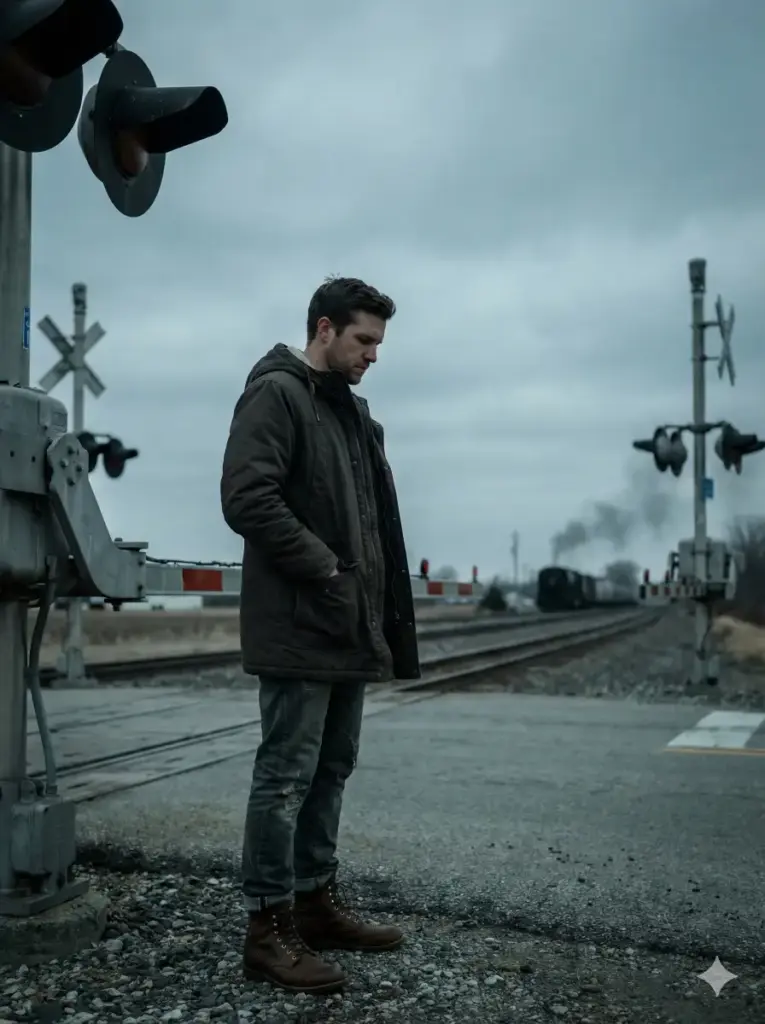Create a cinematic photo of a man standing near train crossing tracks while wearing a dark parka, denim pants, and lace-up boots. Show him looking down the tracks with hands in his pockets. Use cool overcast lighting that creates a grounded tone. Keep the color tone muted with slight grain. Add metal barriers, warning lights, and distant train silhouettes in the background. Use aspect ratio 3:4.