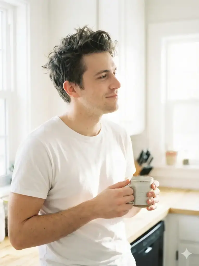 Create an intimate, "lifestyle" aesthetic portrait of a young man in a sunlit kitchen on a Sunday morning. He is wearing a white t-shirt, hair messy from sleep, holding a ceramic mug with both hands. He is looking out of a window (off-camera) with a soft, sleepy, and contented half-smile. The light should be high-key and overexposed slightly to create a dreamy, airy feel. Use aspect ratio 3:4.