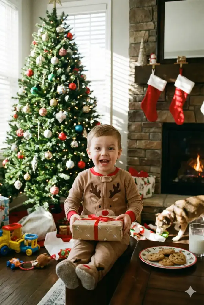 Create a cheerful Christmas morning scene of a little boy in pajamas sitting near a decorated tree, holding a gift with bright eyes, stockings hanging on a fireplace nearby, cookies and milk kept on a plate, sunlight entering through a window, sparkling ornaments, soft shadows, playful mood, 2:3 aspect ratio.