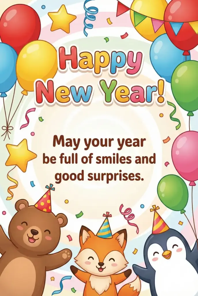 Create a cheerful New Year greeting card with cute illustrated elements like balloons, stars, streamers, and confetti in bright festive colors. Use a friendly cartoon style with smooth shading. Add playful typography that reads "Happy New Year!" and include a warm message saying "May your year be full of smiles and good surprises." Use aspect ratio 2:3.