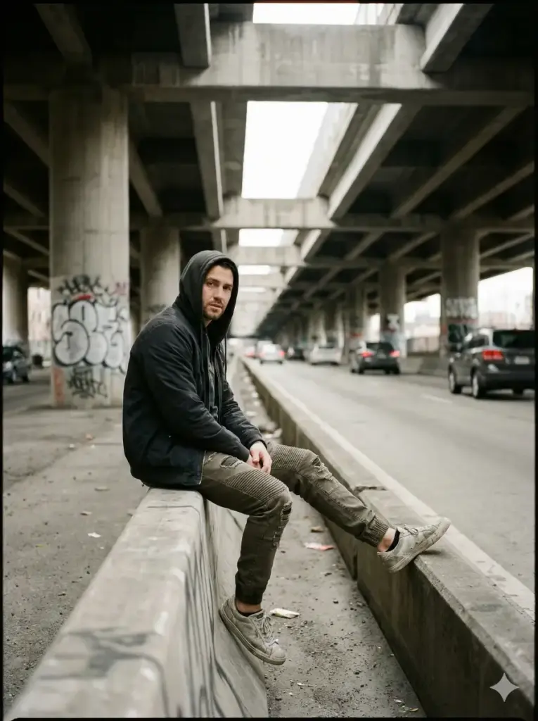 Create a cinematic photo of a man sitting casually on a concrete barrier under an overpass while wearing a hooded jacket, jogger pants, and sneakers. Show him leaning back with one foot resting on the barrier. Use diffused daylight filtering through gaps in the structure. Keep the color tone neutral with hints of urban grit. Add graffiti on pillars, traffic noise, and a long road stretching behind him. Use aspect ratio 3:4.