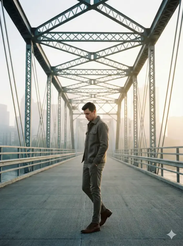 Create a cinematic outdoor photo of a young man walking across a wide pedestrian bridge at dawn. He is wearing a structured jacket, slim trousers, and clean boots, with his hands in his pockets and his head slightly lowered. The background shows soft morning fog, distant city silhouettes, and gentle light creating a cinematic sense of scale. Use aspect ratio 3:4.