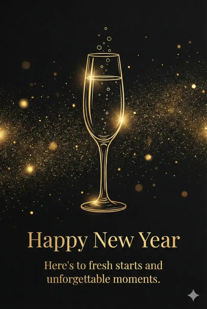 Create a luxurious New Year greeting card with a dark black background and glowing gold particles floating softly. Include an elegant champagne glass illustration with subtle reflections. Add refined serif typography reading "Happy New Year" and a message below saying "Here's to fresh starts and unforgettable moments." Use aspect ratio 2:3.