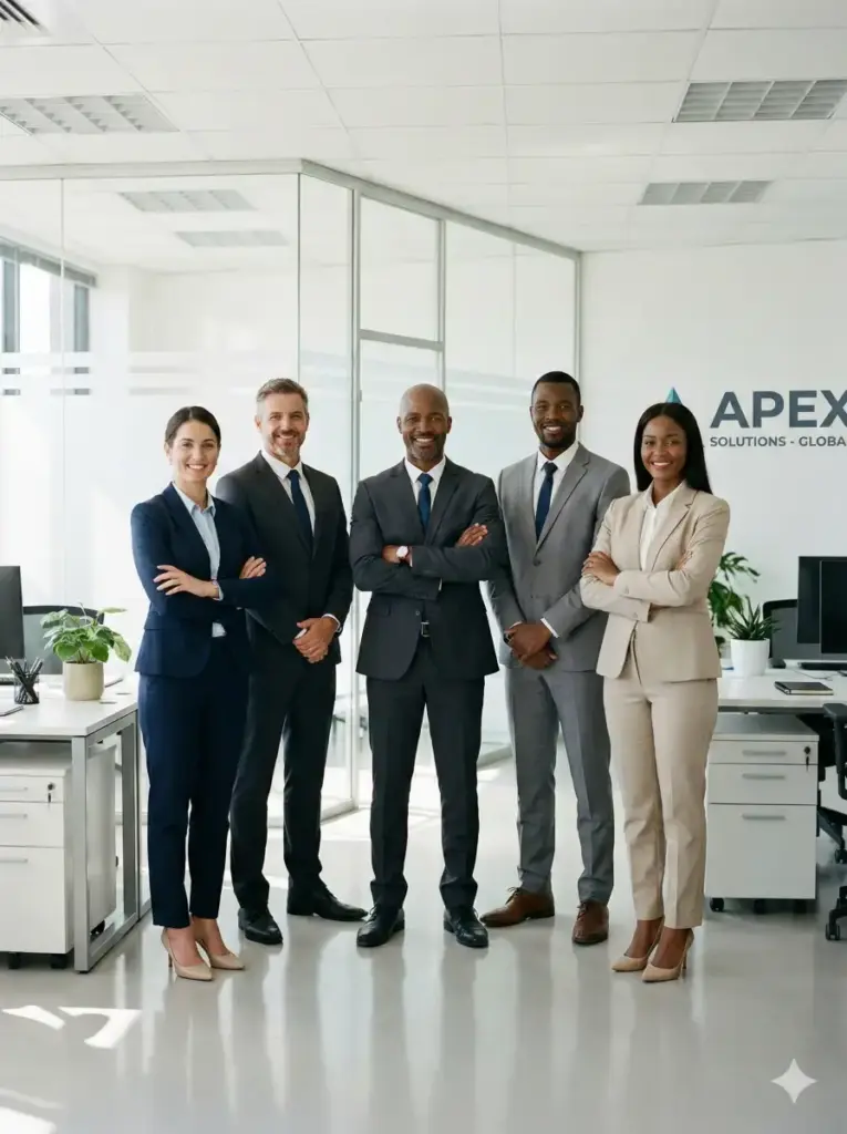 Create a group portrait of a diverse corporate team of five professionals standing side by side, relaxed posture, hands folded, smiling confidently. Include two women and three men, each dressed in well fitted business attire in neutral muted tones like navy, grey, and beige. Place them in a bright office space with frosted glass partitions, plants on desks, and soft daylight. Ensure the depth, shadows, and reflections feel authentic, with tidy desks in the background and a corporate branded wall logo behind them, aspect ratio 3:4.