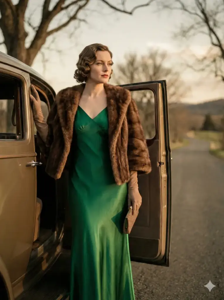 Create a stylish vintage portrait of a woman wearing a long satin dress, fur stole and elegant wave hairstyle. She should rest one hand on the open car door while the other holds a small clutch. Use soft late afternoon lighting that brings shine to the dress. Add an old film toned palette. Set the background with a countryside road and trees. Use aspect ratio 3:4.