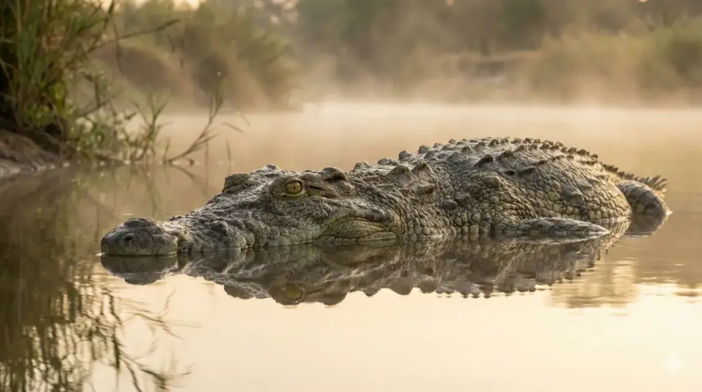 Create a high-detail wildlife photograph of a crocodile partially submerged in calm river water, rough scaly skin visible above the surface, intense eyes breaking the waterline, reflections creating symmetry, soft early morning mist, realistic aquatic wildlife mood, National Geographic documentary look. Use aspect ratio 16:9.