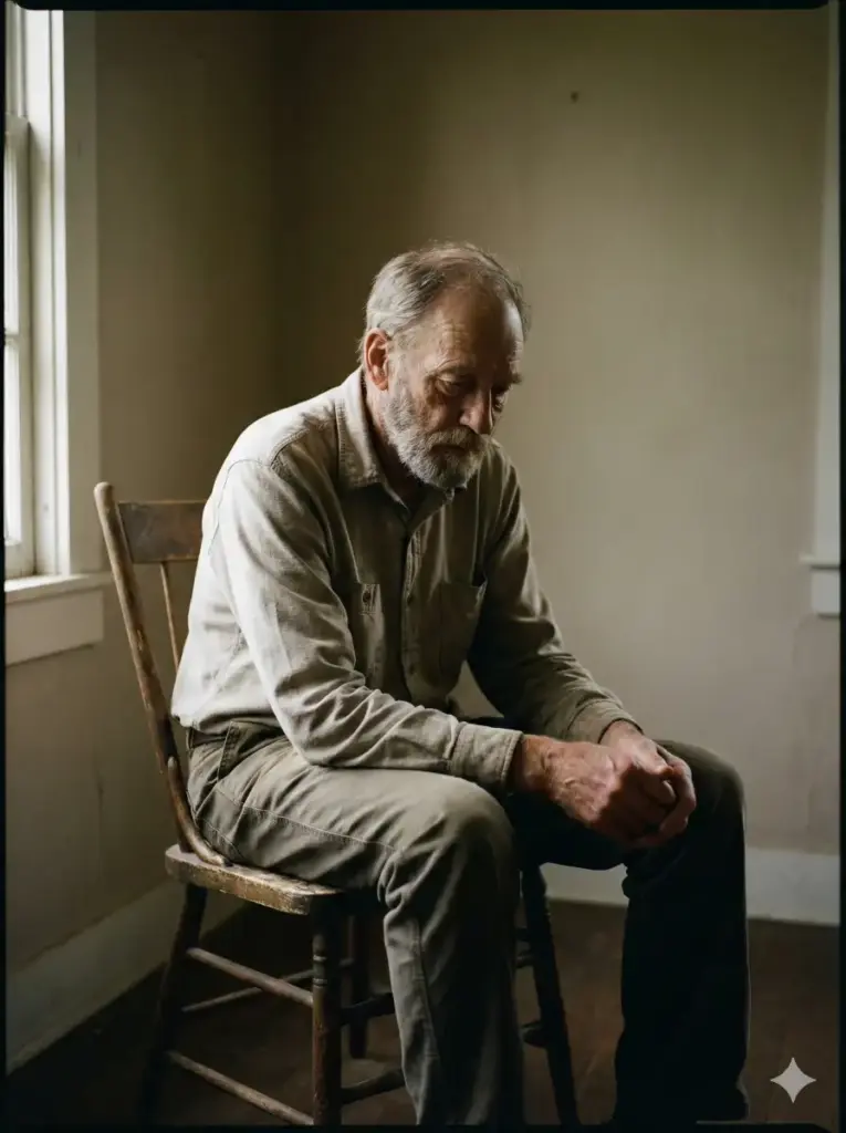 Create a soulful image of a man sitting quietly on a wooden chair, hands loosely clasped, slightly slouched posture suggesting deep thought, soft side lighting creating gentle shadows on his face, neutral background, calm muted colors, realistic photography style, emotional stillness captured beautifully. Use aspect ratio 3:4.