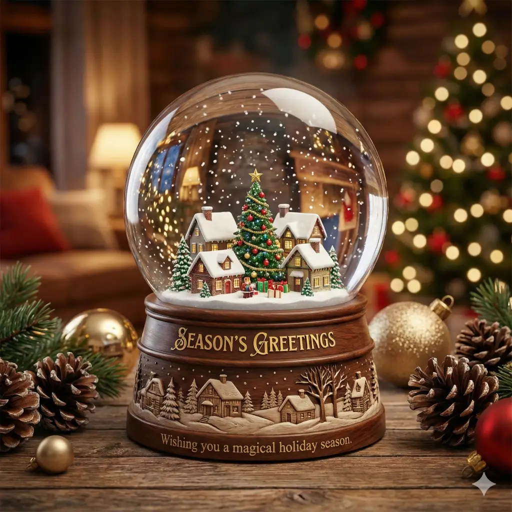 Create a Christmas snow globe with a tiny village inside containing a tree, small houses, and falling snow. Add reflections on the glass and a wooden base with engraved detailing. Add festive text outside the globe that reads Season's Greetings. Add a short message below that reads Wishing you a magical holiday season. Use aspect ratio 1:1.