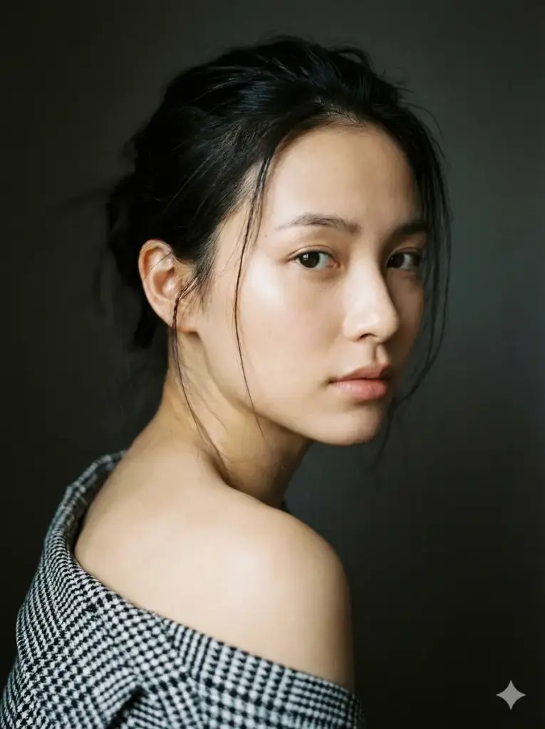 Create a close-up, fine-art portrait of a young woman captured indoors in soft, directional natural light. The composition is tight on her face and shoulders, creating an intimate, contemplative mood. She is turned slightly away from the camera, looking back over her shoulder with a calm, introspective expression and steady eye contact. Her dark hair is loosely pulled back, with a few natural strands falling softly across her face, adding realism and vulnerability. Her skin is smooth and luminous with natural texture visible, subtly highlighted by the light. Makeup is minimal and elegant. She wears a black-and-white patterned garment draped loosely off one shoulder, revealing bare skin in a tasteful, understated way. The background is dark and neutral, fading into shadow, allowing the subject's face and shoulder to remain the clear focal point. Use aspect ratio 3:4.