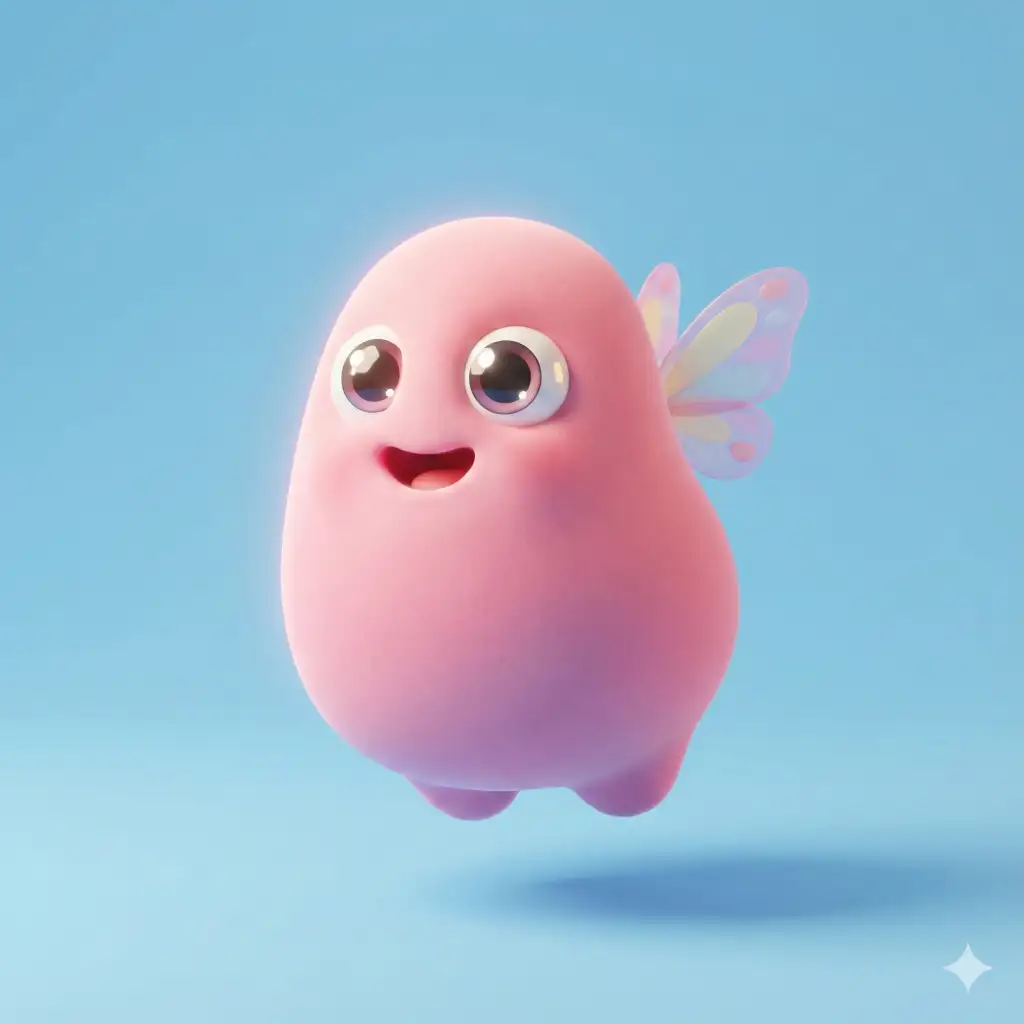 Create an ultra cute pink monster with tiny butterfly wings and a soft, rounded pear shaped body. Place the character on a smooth sky blue background. The monster has expressive eyes and a joyful smile, with glossy highlights that add charm. The style is 3D cartoon with gentle subsurface glow, soft shadows, and high quality lighting inspired by Blender animations. The surface texture is smooth and plush-like, with vibrant solid colors. The overall design is simple, adorable, and full of personality. Use aspect ratio 1:1.