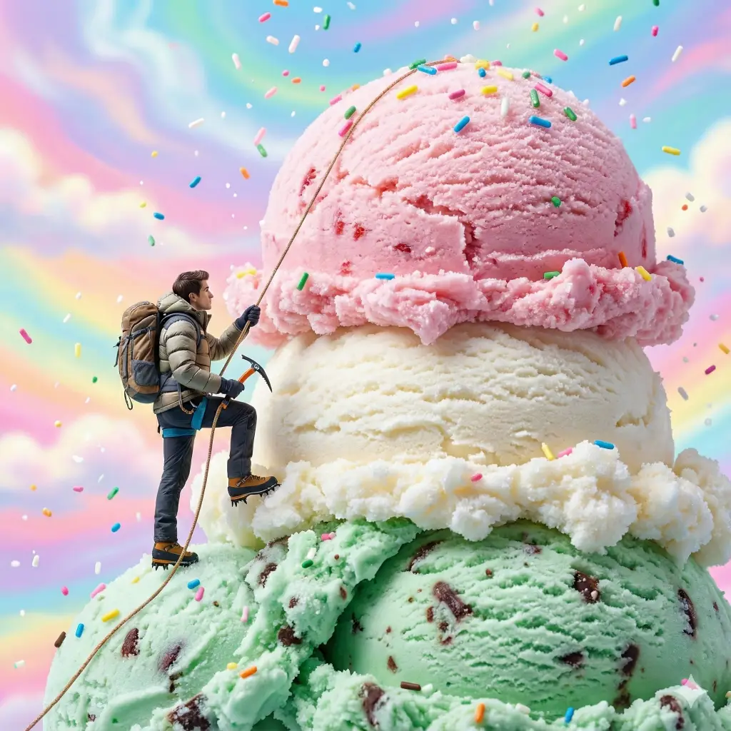 Create a fun, whimsical photo showing a tiny version of the person in the attached photo climbing a massive mountain made of three giant scoops of strawberry, vanilla, and mint ice cream. The person is dressed in winter hiking gear. Multi-colored sprinkles are falling from the sky like snow. The background is a bright, candy-colored sky. High detail, macro photography style. Aspect ratio 1:1.
