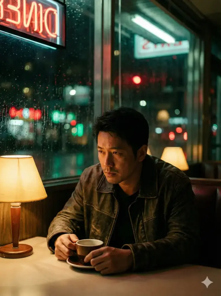 Create a cinematic shot, inspired by Wong Kar-wai films, of a person sitting alone in a retro diner late at night. They are staring into a cup of coffee, lost in thought. Outside the window, blurry city lights create a bokeh effect of reds and greens. The subject's face is illuminated by the soft, warm glow of a table lamp, casting deep, moody shadows. The skin texture should look natural, showing pores and slight imperfections. Use aspect ratio 3:4.