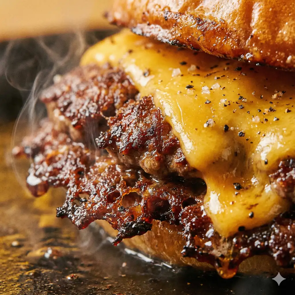 Create a savory macro photograph of a smash burger, zooming in on the edge where the melted cheddar cheese meets the charred crispy edges of the beef patty, glistening grease, smoke details, appetizing lighting, use aspect ratio 1:1.