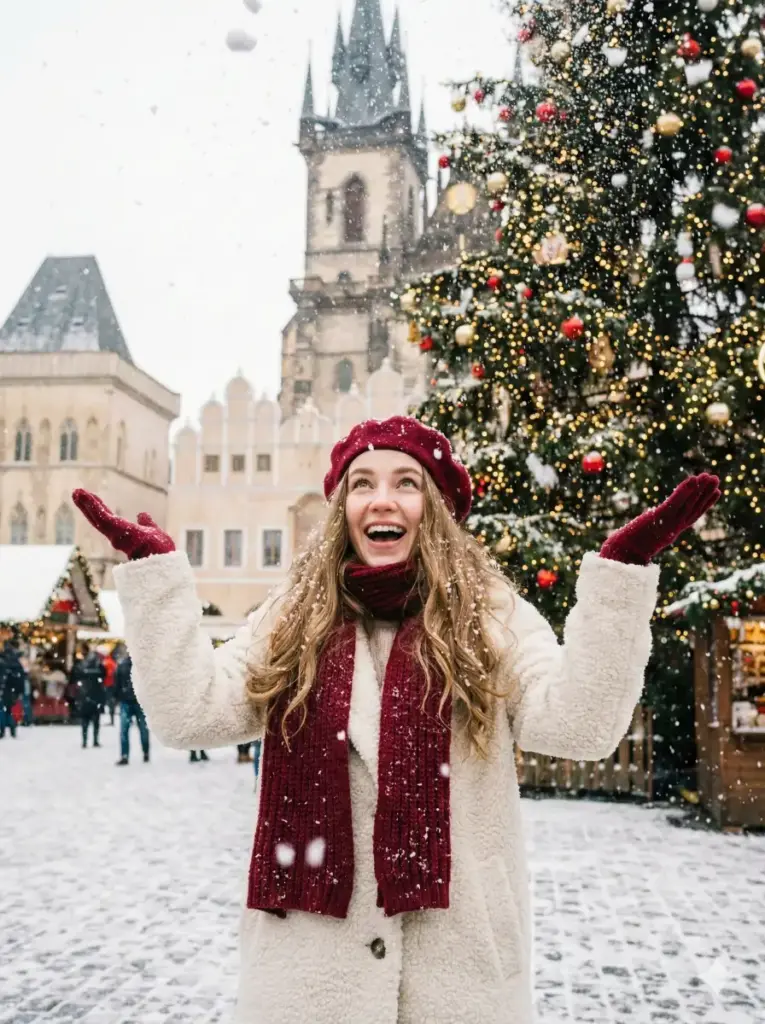 Create a cheerful outdoor Christmas portrait of a young woman standing in a snowy city square beside a large decorated Christmas tree. She looks upward with a joyful smile, arms raised playfully as snow falls around her. Her expression is full of excitement and wonder, capturing the magic of the holiday season. She wears a cozy white winter coat with a soft textured fabric, paired with a deep red knitted scarf, matching red beret, and red winter gloves. Her long, light brown hair falls in loose waves over her shoulders, partially dusted with snowflakes. Use aspect ratio 3:4.
