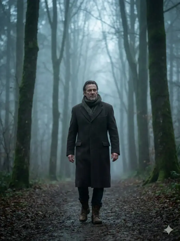 Create a cinematic outdoor portrait of a man walking alone on a foggy forest path in the early morning. He is wearing a long dark coat, a knitted scarf, and sturdy boots, with a slow confident stride and his hands loosely swinging by his sides. Tall trees fade into the mist in the background, while soft diffused light creates a moody and cinematic atmosphere. Use aspect ratio 3:4.